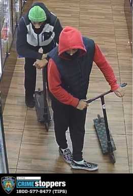 Surveillance footage to two suspects sought for two robberies in Midtown.