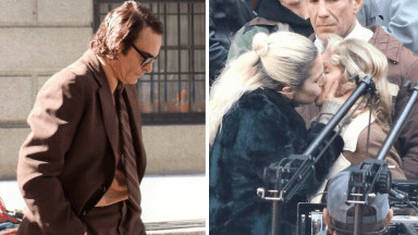 Joaquin Phoenix (l) and Lady Gaga (r) on the set of Joker 2 Sunday (Photos by Michael Dorgan)