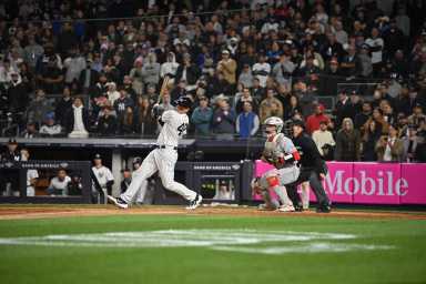 Yankees' first baseman Anthony Rizzo at the plate during the Yankees game against the Los Angeles Angels on April 18, 2023.
