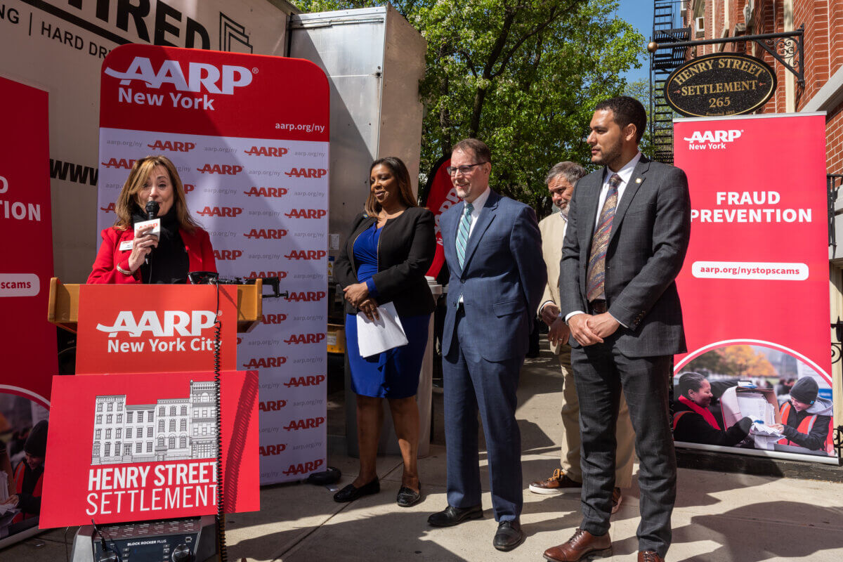 AARP and Attorney General Letitia James aim to combat identity theft with statewide shredding initiative 4 Beth Finkel, AARP New York state director, speaks at the kick-off of the AARP 'Fight Fraud.Shred it' event
