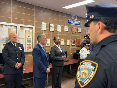 Police Commissioner Keechant Sewell and PBA President Patrick Lynch attended the roll out for the first 10/12-hour shift rotation at the 47th Precinct.