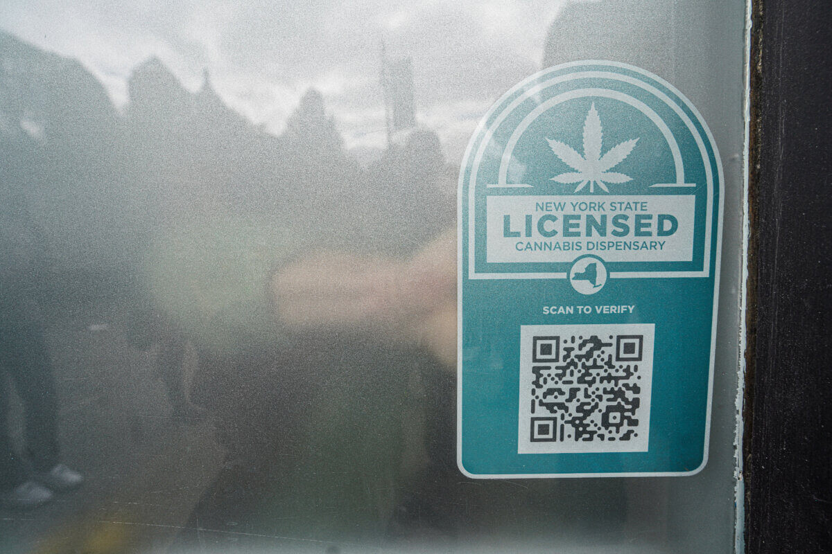 Decals on an officially licensed New York State marijuana dispensary.