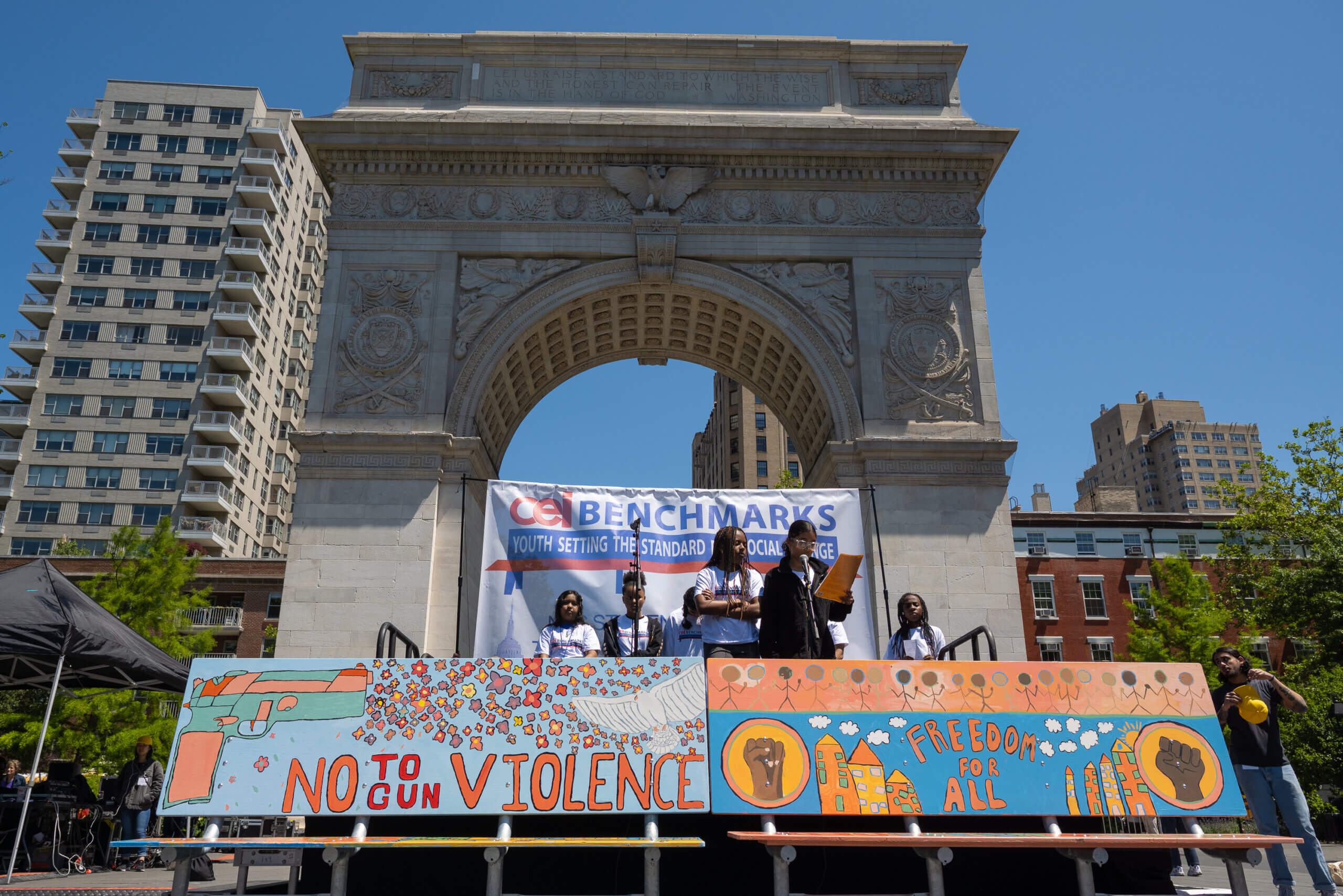 New York City public school students presented 30 bench murals displaying artwork speaking on social, racial, cultural, and ecological issues in Washington Square Park