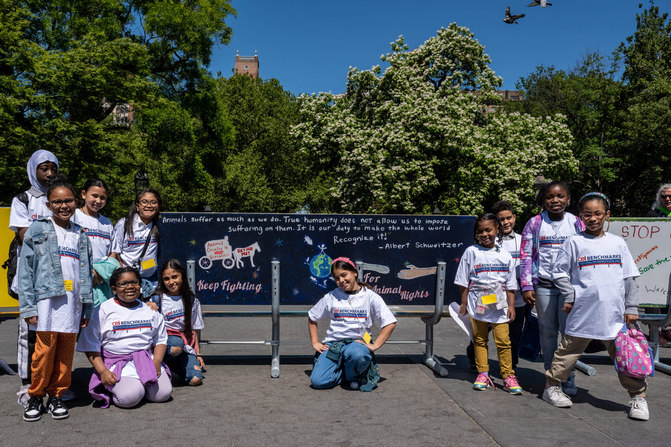 P.S. 28 Mount Hope students with their bench mural speaking out against animal abuse in Washington Square Park