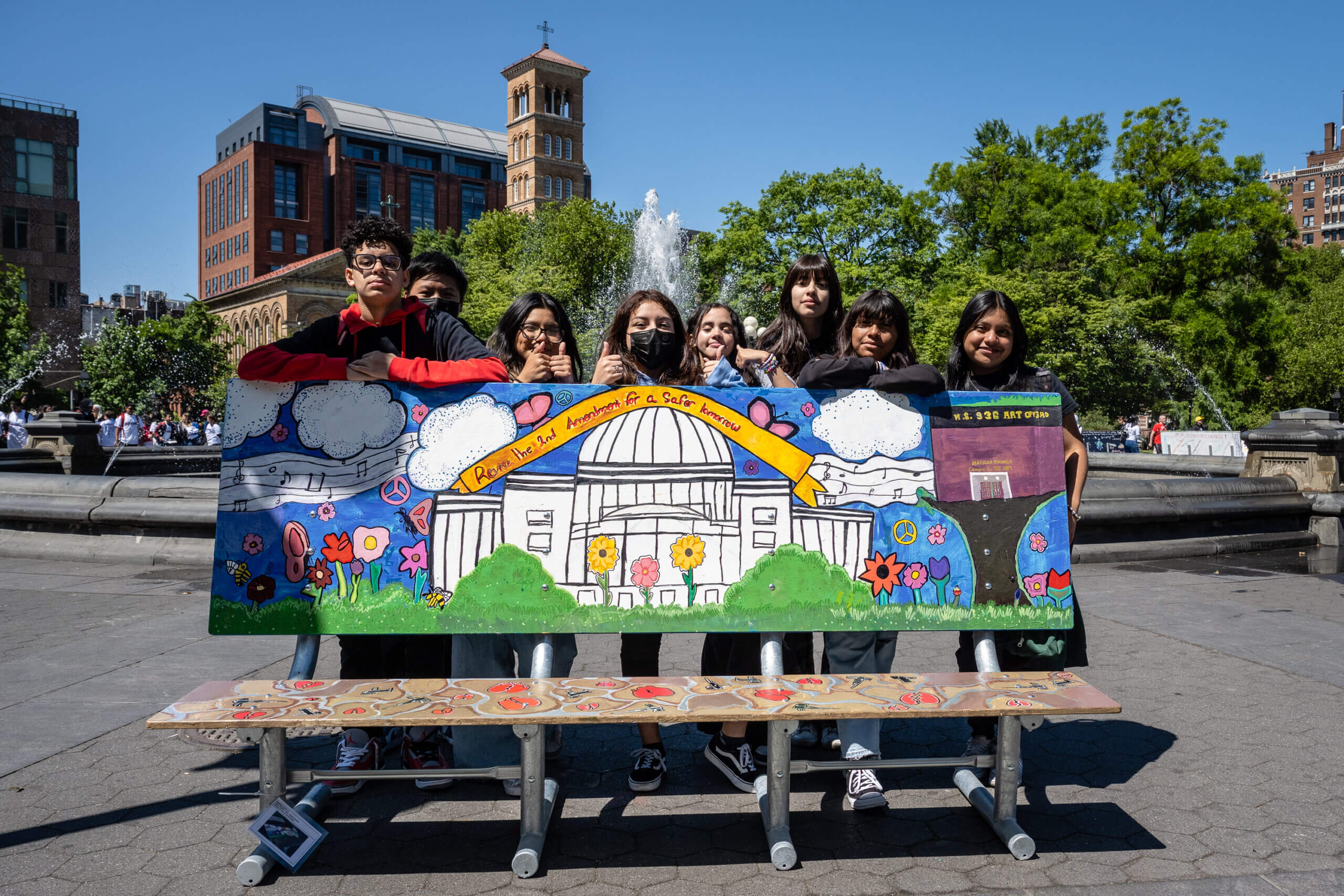 Gun violence was chosen by many New York City public school students as an issue to be expressed through their bench murals in Washington Square Park