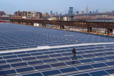 man walking on a field of solar panels