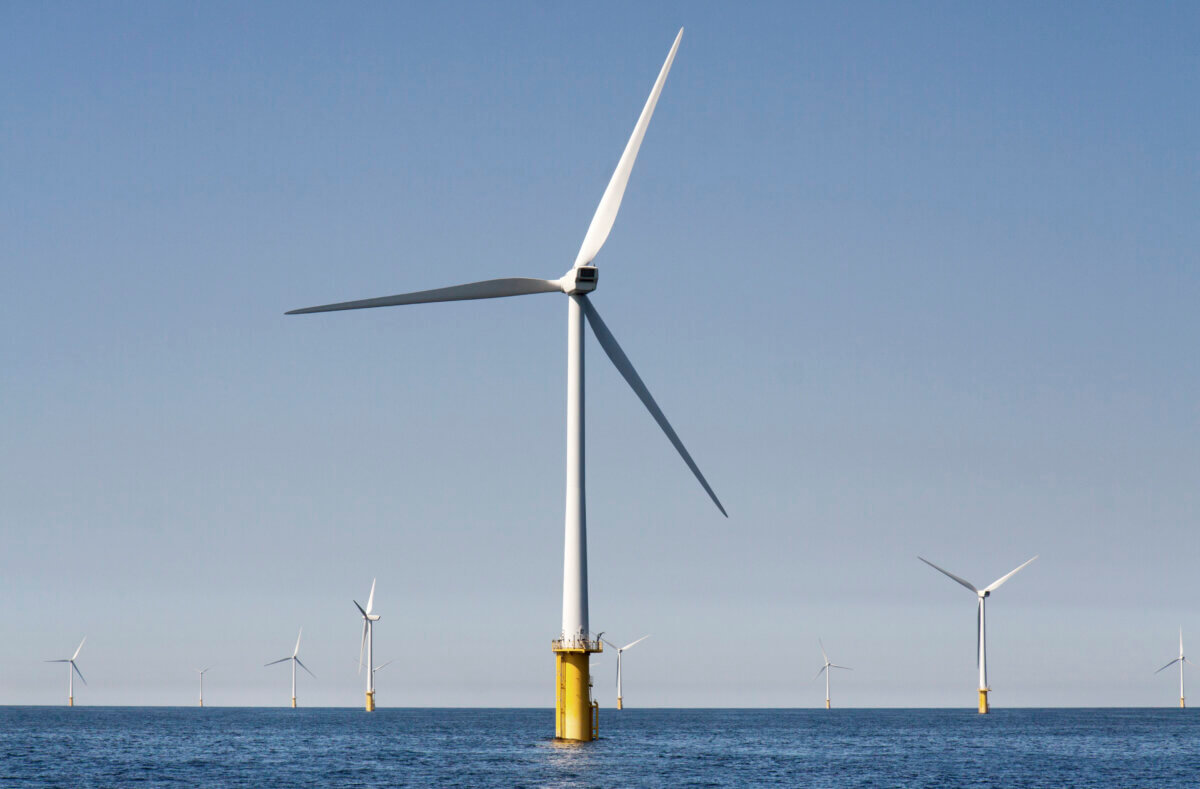Eight wind turbines in an offshore wind farm in the North Sea 