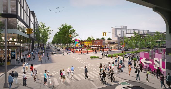 A rendering of what the city's project to add two new pestrian plazas around the Broadway Junction train station will look like.