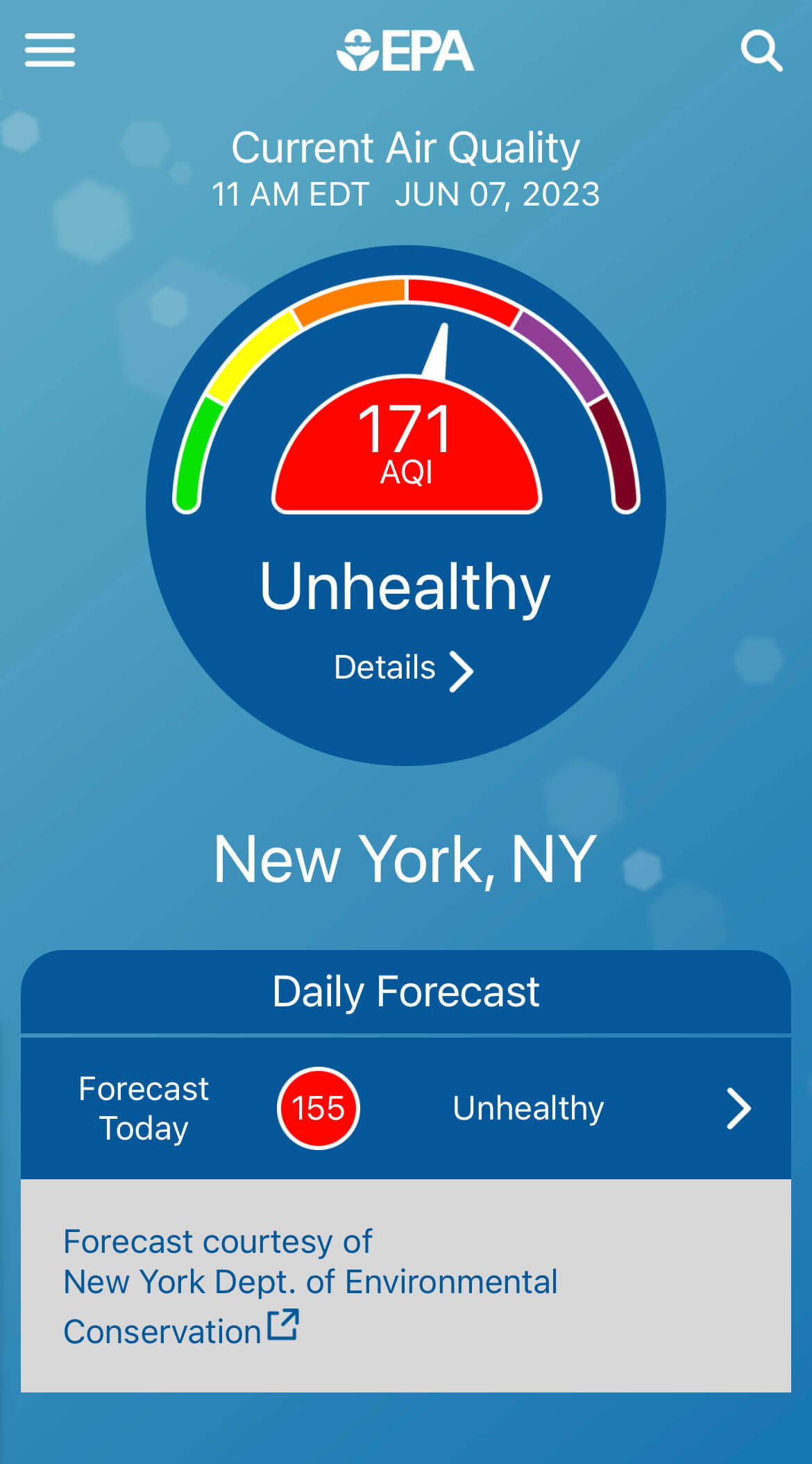 The current EPA's Air Quality Index currently shows "Unhealthy" levels of pollutants in New York City
