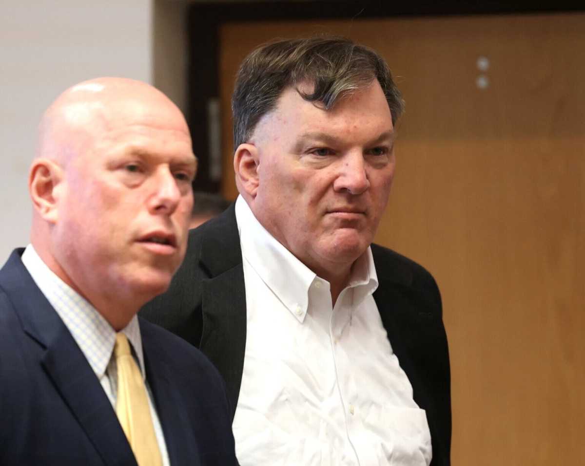 Accused Gilgo Beach serial killer Rex A. Heuermann appears in Judge Tim Mazzei’s courtroom at Suffolk County Court in Riverhead on Wednesday, Sept. 27, 2023. His lawyer, Michael J. Brown, is at left.