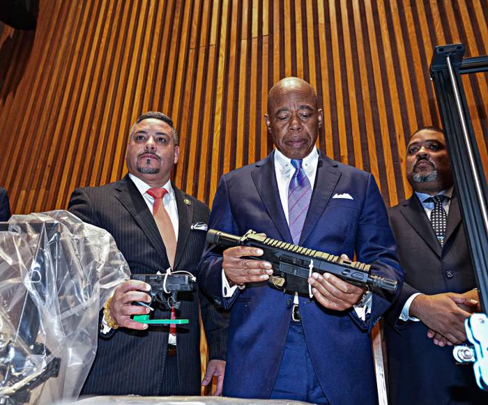 Mayor Eric Adams and top police brass announced on Wednesday that a Harlem day care was found to be harboring deadly ghost guns