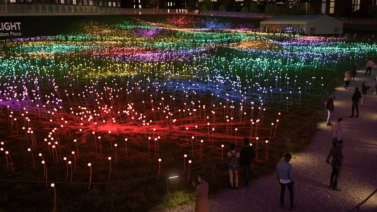Conceptual rendering of Field of Light at Freedom Plaza.