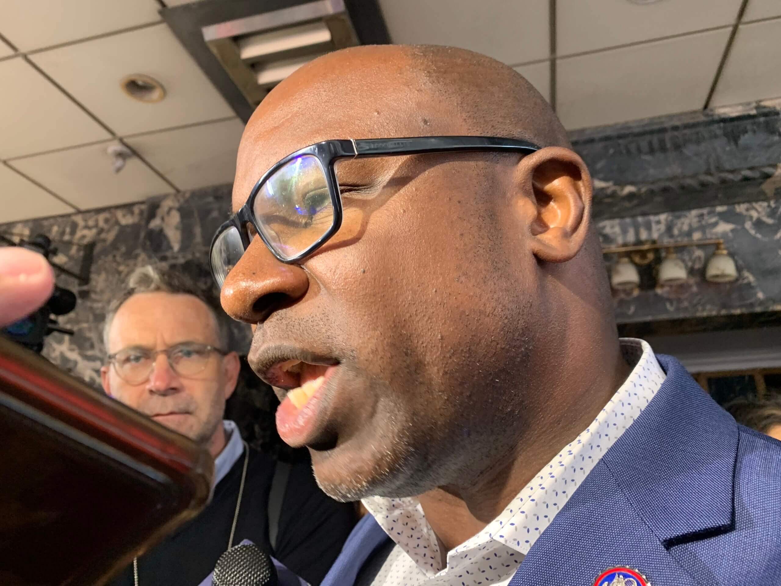 AOC, Espaillat shouted down by anti-immigrant protesters at press conference that descended into chaos 6 Congress Member Jamaal Bowman speaking to reporters at a migrant rally interrupted by anti-immigrant protesters