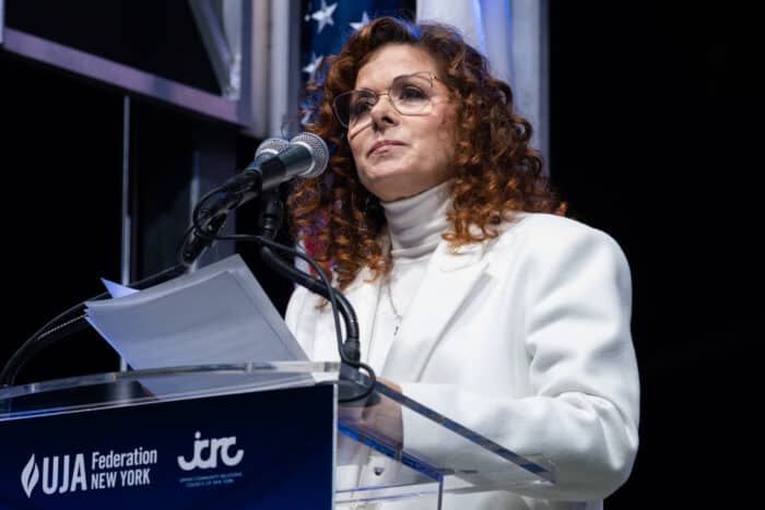 Actress Debra Messing speaks at the rally on Nov. 6, 2023