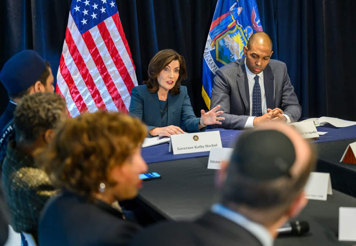 Gov. Kathy Hochul and Lieutenant Gov. Antonio Delgado at roundtable discussion