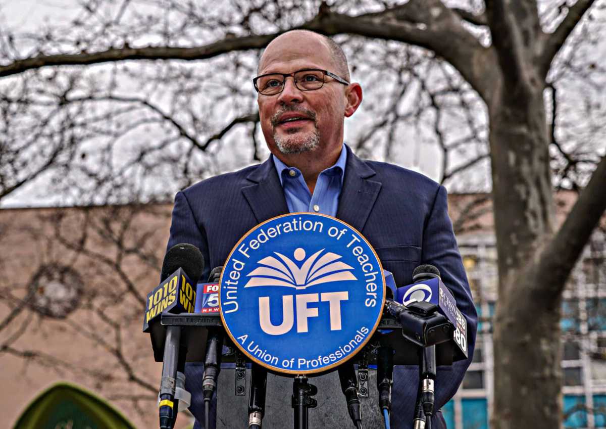 Tell it to Trump: Mayor Adams insists report of ICE detaining NYC public school student at immigration hearing is federal matter 2 Michael Mulgrew of the UFT at a podium