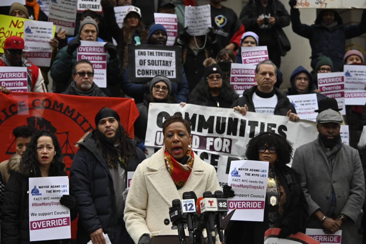 City Council Speaker Adrienne Adams speaks at rally ahead of How Many Stops Act override vote