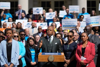 Nonprofit workers at City Hall with Mayor Adams and Speaker Adams