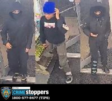 police photo of three male suspects wearing mostly black, wanted for robberies in Manhattan, Bronx