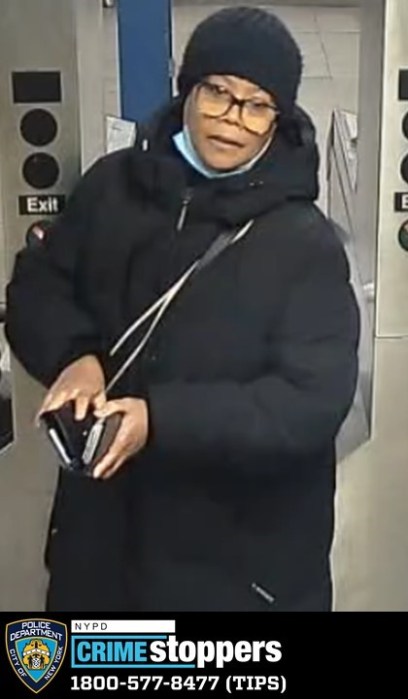 photo of a woman wearing all black and wearing glasses, wanted for assault in Midtown