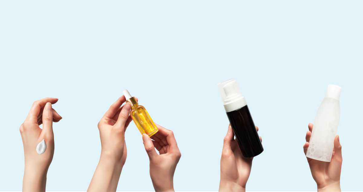 Hands up holding beauty cosmetic products isolated on blue background horizontal banner format 3d realistic vector illustration. Woman takes oil serum, toner bottle, foam cleanser, smear cream