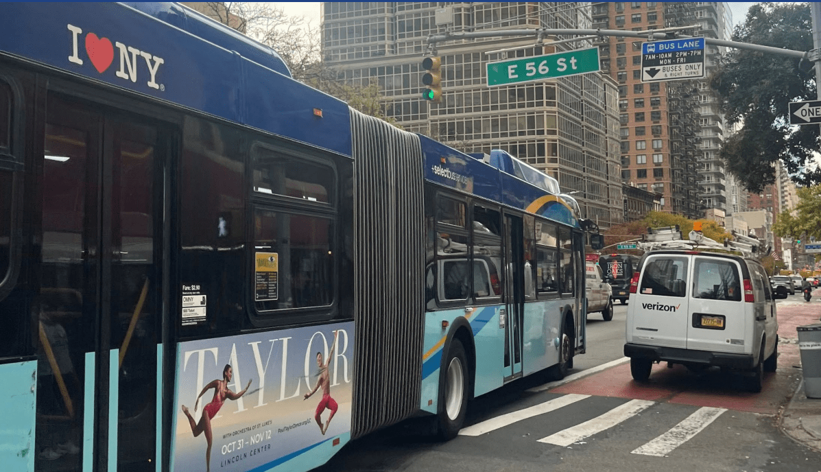 Second Avenue's existing curbside bus lane (seen here blocked by a parking scofflaw) will be upgraded to an offset lane.