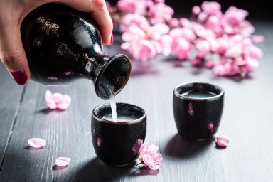 Ready to drink sake with flowers of blooming cherry