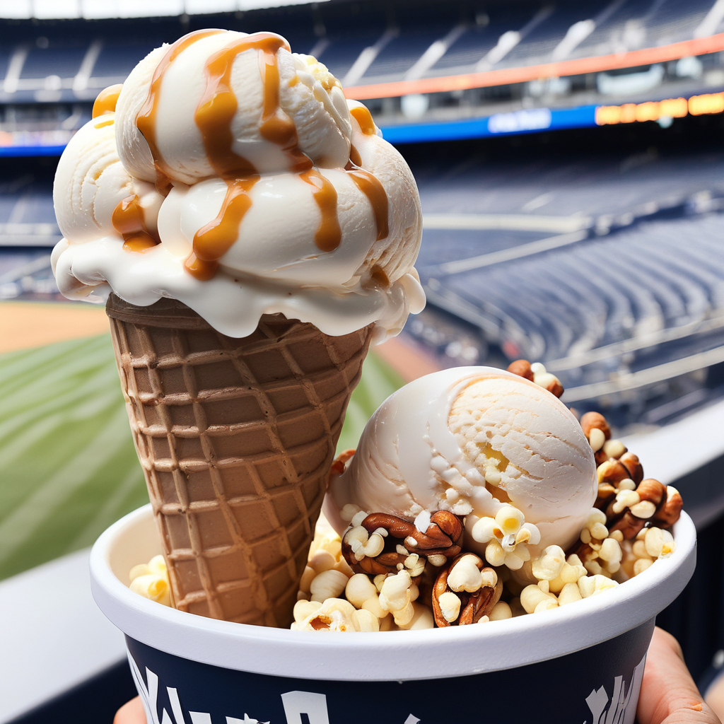 an ai image of Butter popcorn ice cream with a sea salt caramel swirl and honey roasted peanuts.