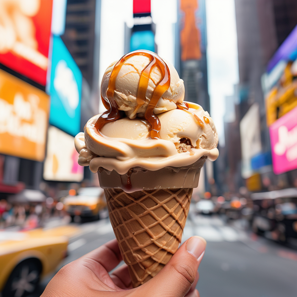 an ai image of Cheesecake ice cream with apple pie pieces and an apple caramel swirl 