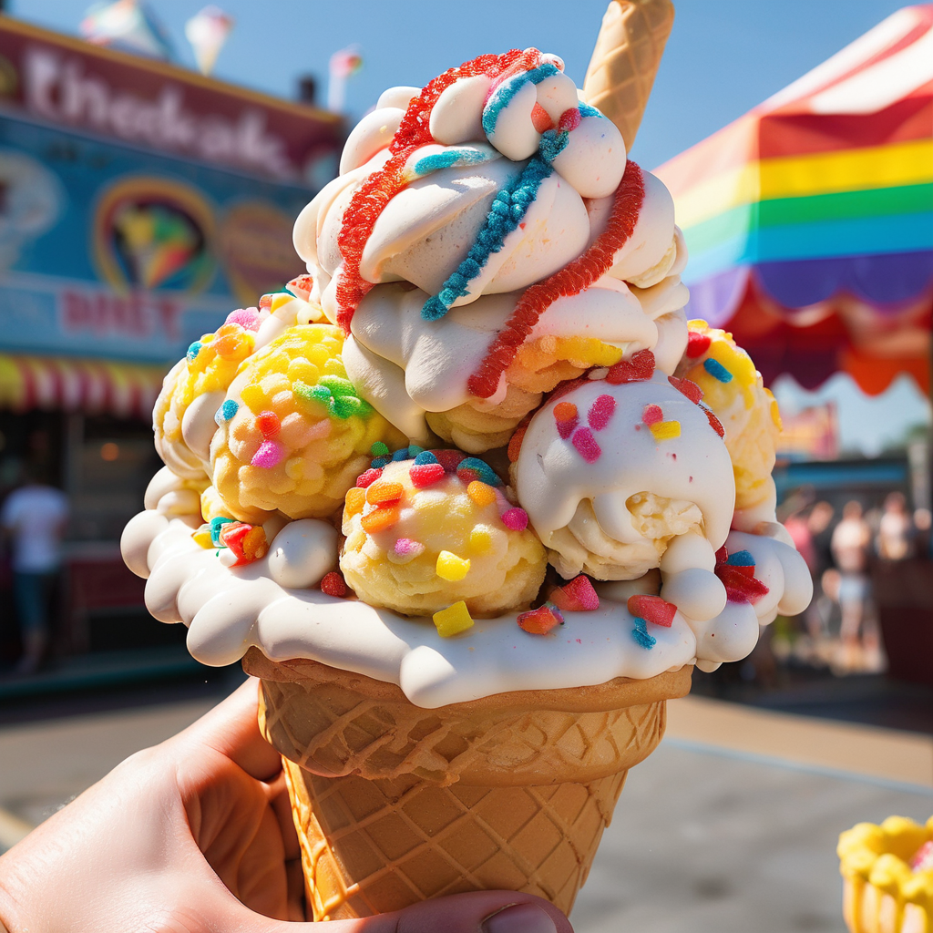 an ai image of Yellow cake ice cream with rainbow sprinkles and funnel cake pieces strawberry swirl 