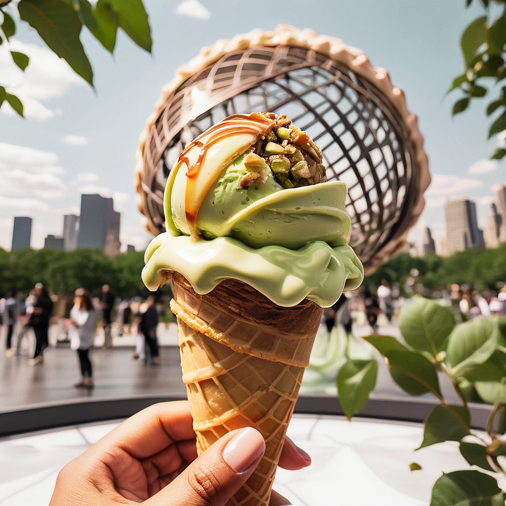 an ai image of Pistachio ice cream with baklava pieces and a rose water caramel swirl 