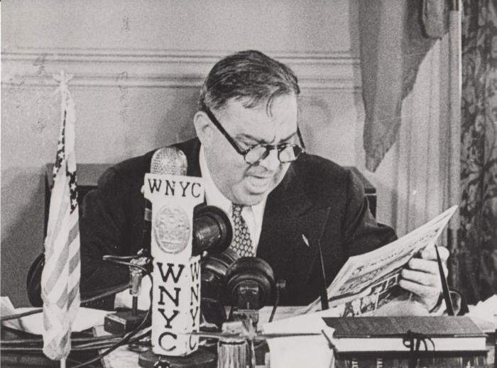 vintage black-and-white photo of Fiorello La Guardia at WNYC