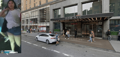 woman wearing white T-shirt next to a scene of Midtown Manhattan