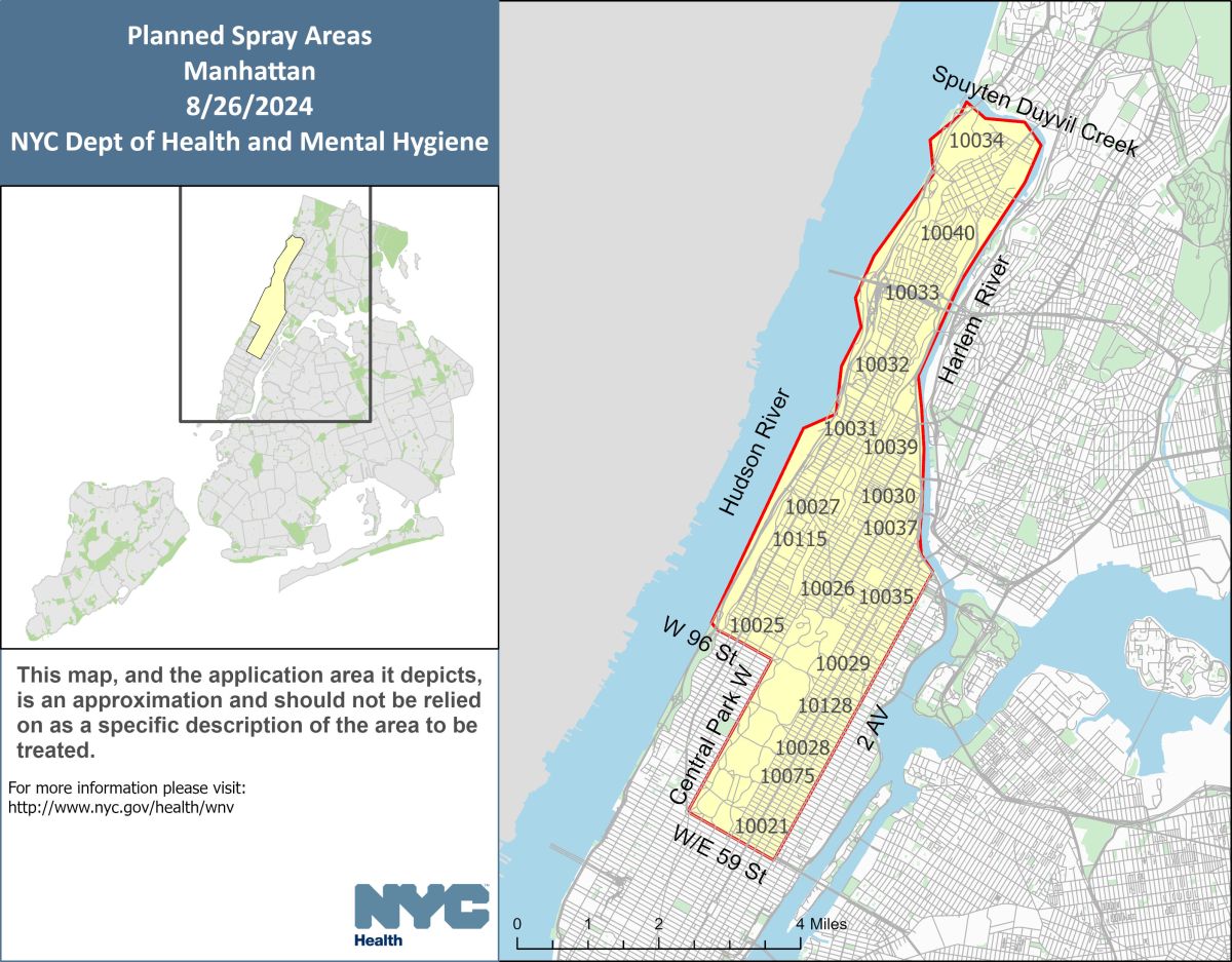 Health Department to spray parts of Manhattan and Brooklyn for disease-carrying mosquitoes next week 3 a map of where the health department is spraying in manhattan