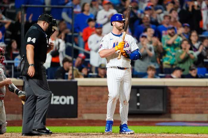 Sep 22, 2024; New York City, New York, USA; New York Mets first baseman Pete Alonso (20) at bat during the eighth inning against the Philadelphia Phillies at Citi Field.