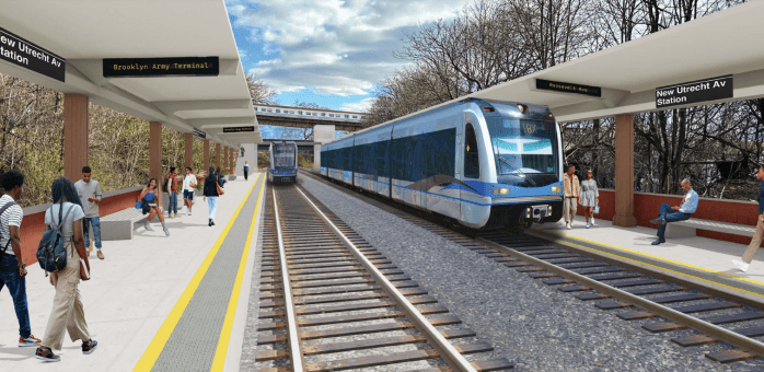 An artist's rendering of the proposed New Utrecht Ave station on the Interborough Express in Borough Park, Brooklyn.