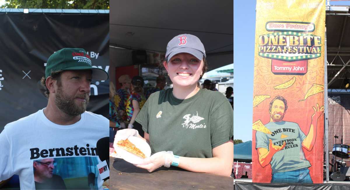 Dave Portnoy (left), a woman holding a pizza slice (center) and a One Bite Pizza Festival sign (right)