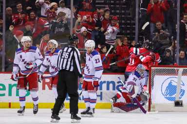 Dec 23, 2024; Newark, New Jersey, USA; New Jersey Devils right wing Stefan Noesen (11) celebrates his goal against the New York Rangers during the third period at Prudential Center.
