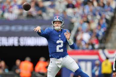 Dec 29, 2024; East Rutherford, New Jersey, USA; New York Giants quarterback Drew Lock (2) throws a pass during the first half against the Indianapolis Colts at MetLife Stadium. Mandatory Credit: Vincent Carchietta-Imagn Images