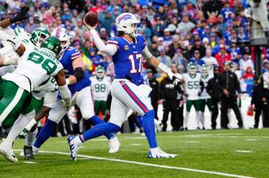 Dec 29, 2024; Orchard Park, New York, USA; Buffalo Bills quarterback Josh Allen (17) throws the ball against the New York Jets during the first half at Highmark Stadium. Mandatory Credit: Gregory Fisher-Imagn Images