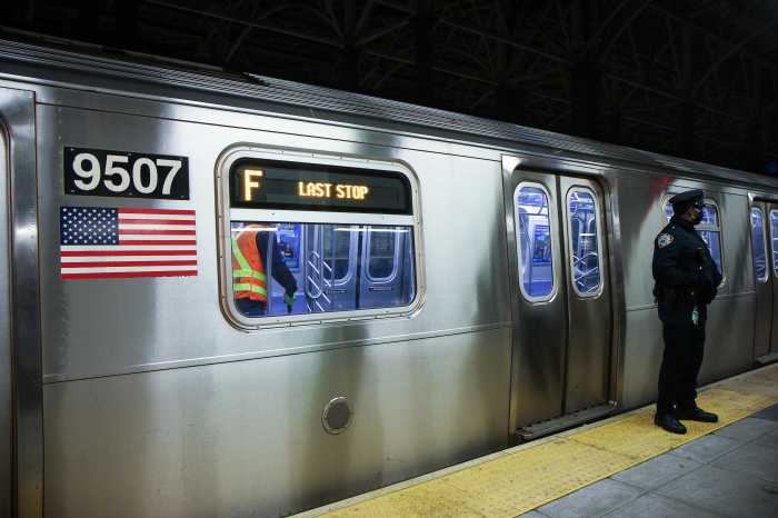 An F train at the Coney Island-Stillwell Avenue station, where a woman was burned to death in a horrific attack on Dec. 22, 2024.