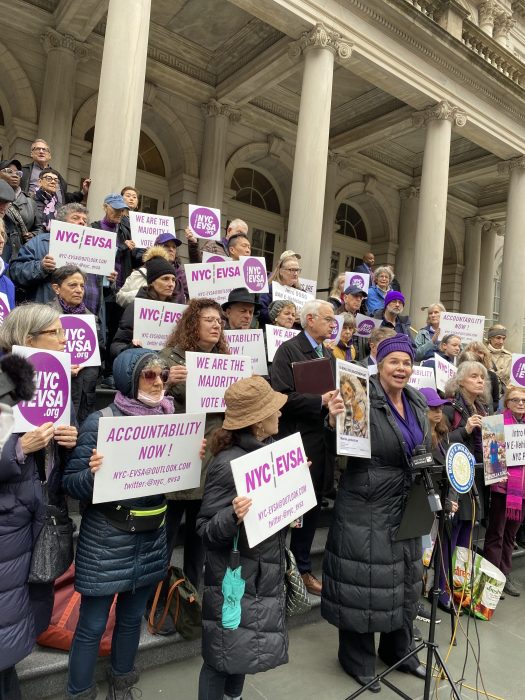 Fed-up New Yorkers rally at City Hall demanding registration for e-bikes in NYC 2 people on the steps of City Hall in NYC supporting a bill for registration of e-bikes in NYC