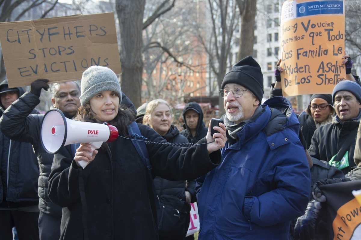 Edward Josephson, supervising attorney with the Civil Law Reform Unit at The Legal Aid Society, speaks at a Feb. 4, 2025 rally over a legal battle impacting housing vouchers in NYC.