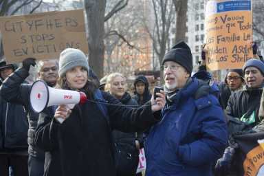 Edward Josephson, supervising attorney with the Civil Law Reform Unit at The Legal Aid Society, speaks at a Feb. 4, 2025 rally over a legal battle impacting housing vouchers in NYC.