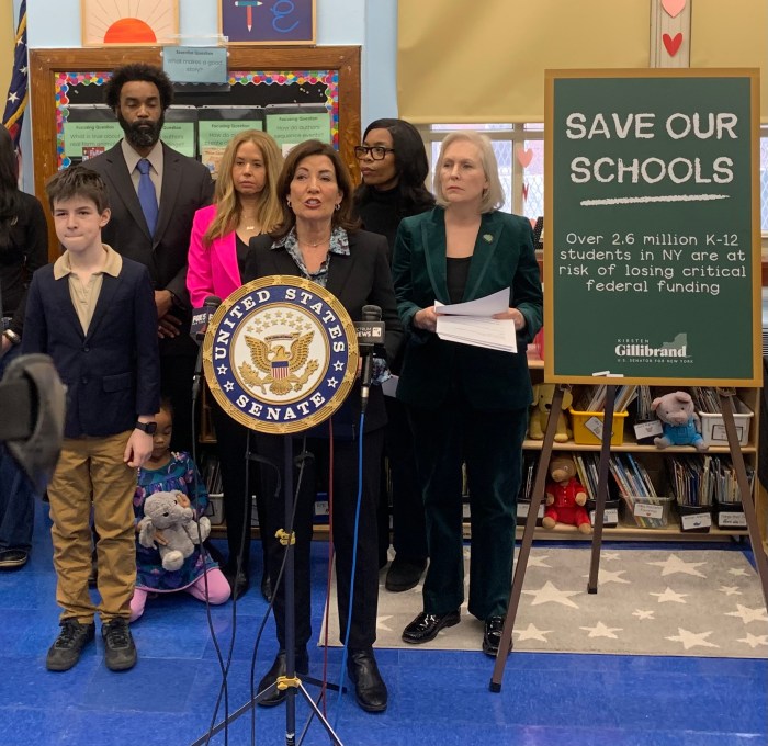 New York's schools and students would suffer major economic and academic losses if Trump erases Department of Education, pols warn 2 Gov. Hochul at a podium in an education classroom