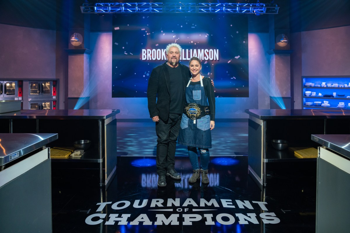 Former champion Brooke Williamson talks joining 'Tournament of Champions' as a judge in show's new season 3 Host Guy Fieri with winning competitor Brooke Williamson, as seen on Tournament of Champions, Season 1.