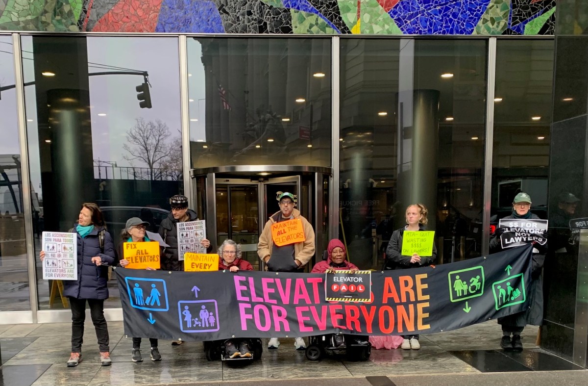Dozens of advocates for accessibility in transit rallied outside MTA headquarters in Lower Manhattan on Monday as part of their ongoing push for better subway elevator maintenance.