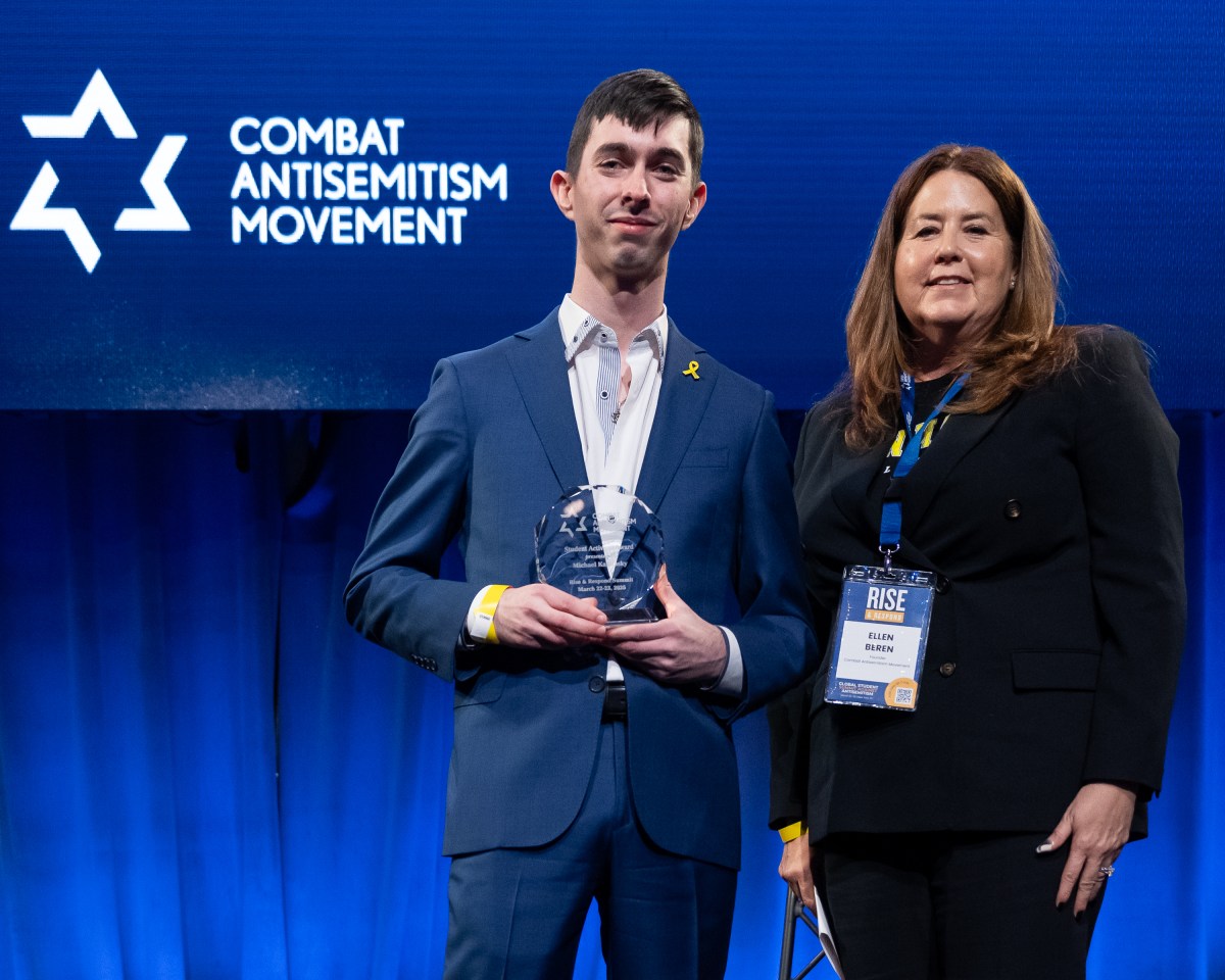 Ellen Beren presented DePaul University student Michael Kaminsky with the CAM Student Activism Award at the CAM Summit at the Ziegfeld Theater on March 22, 2025.