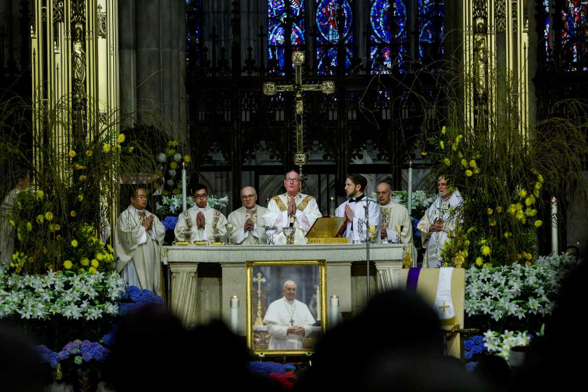 Cardinal Timothy Dolan celebrates Mass for Pope Francis at St. Patrick’s Cathedral in Manhattan on April 22, 2025. 