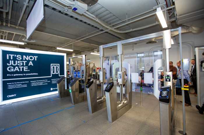 War on fare evasion continues as MTA set to install delayed emergency exit doors at 150 additional subway stations 4 modern fare gates in a NYC subway station